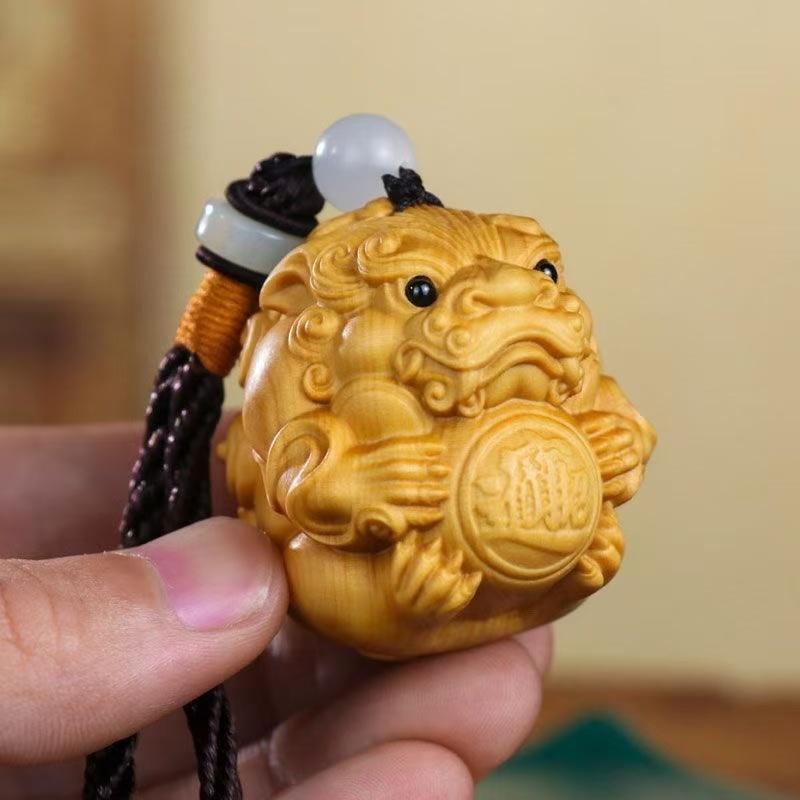 Wooden carving Pi xiu mascot sculptures and figurines, China's Fortune-Gathering God Beast Home car Wealth Luck Feng Shui Decor