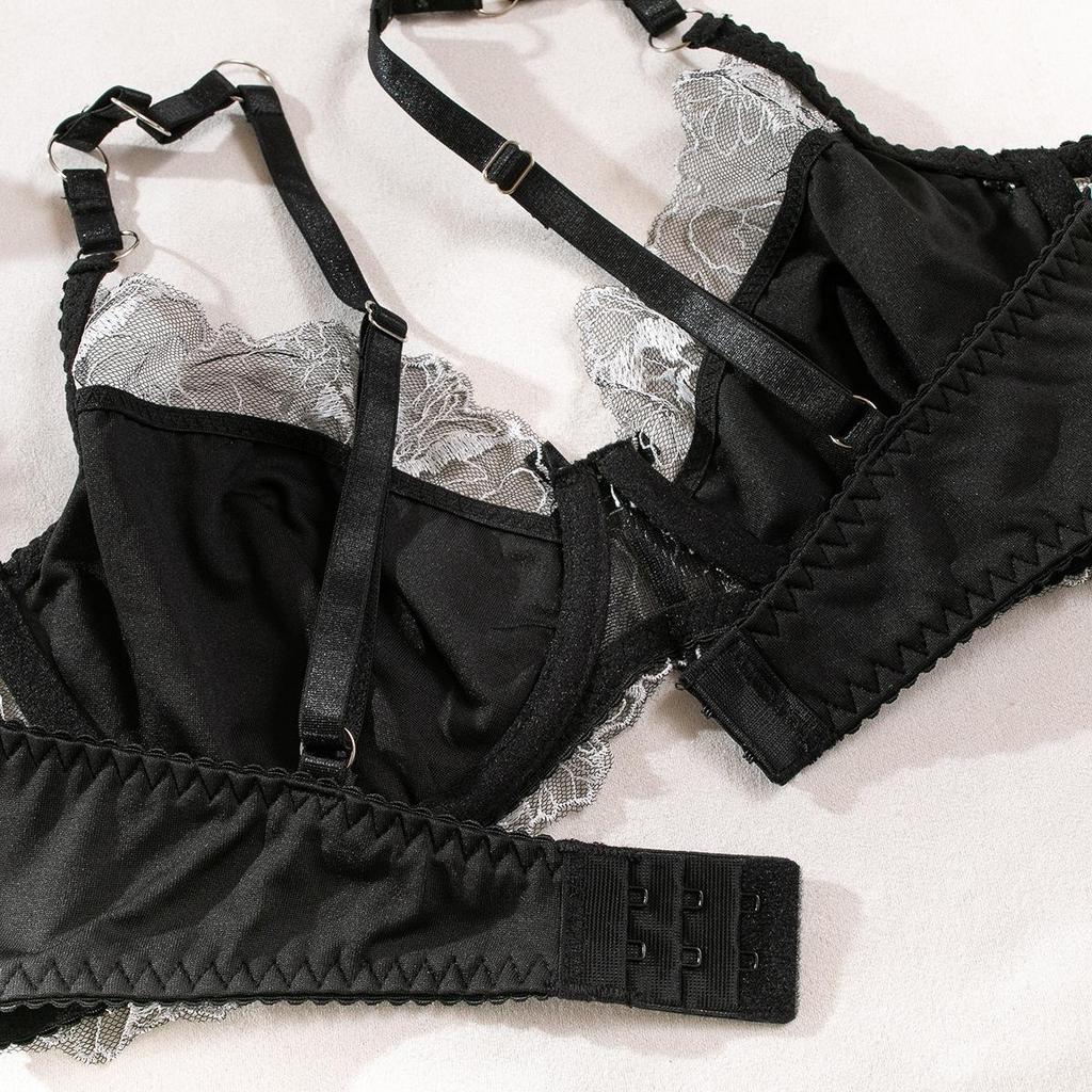 2pcs New Underwear Set Sexy Hollow Lace Embroidery Bra Set Fashion Mesh Splice Ultra Thin Brassiere Women Lingerie Thong