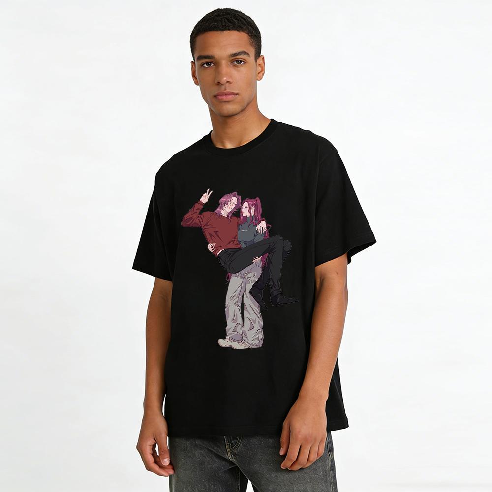 Cool Double Purple-haired Character Print Couple Sweatshirt Anime Style Loose Casual Top For Men Women Pure Cotton T-shirt
