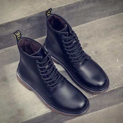 Martin Boots Autumn and Winter Velvet Thickened British Style Black Tooling Men's Leather Shoes High-top Warm Cotton Shoes