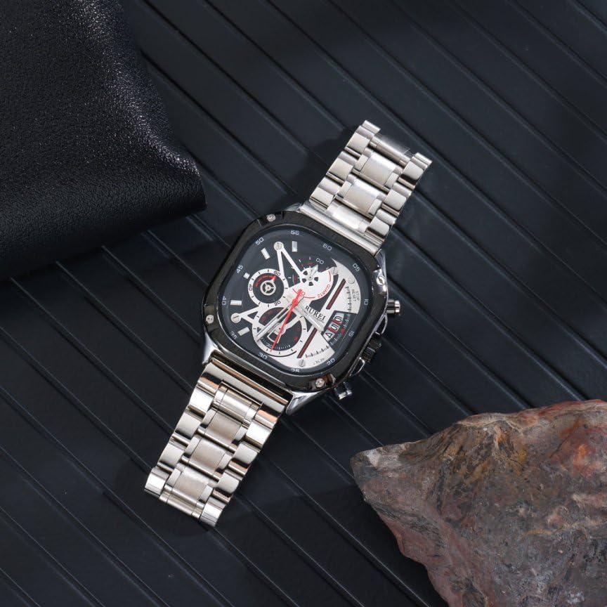 BUREI Men's Rectangular Face Chronograph Quartz Watch, Analog, Waterproof, Date Display, Stainless Steel, Silver, Gift for Men