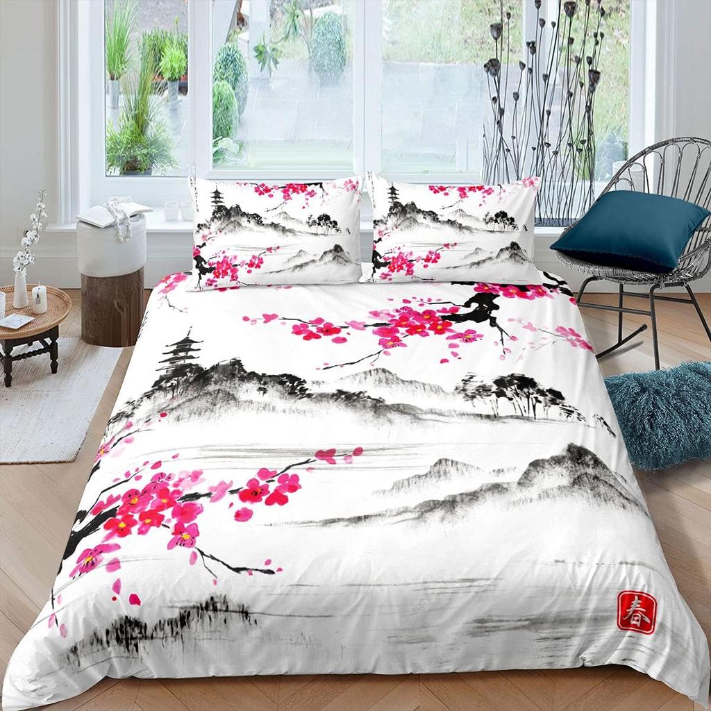 Cherry Blossoms Duvet Cover Japanese Style Comforter Cover Pink Flowers Bedding Set For Adults Exotic Style Bedding Room Decor