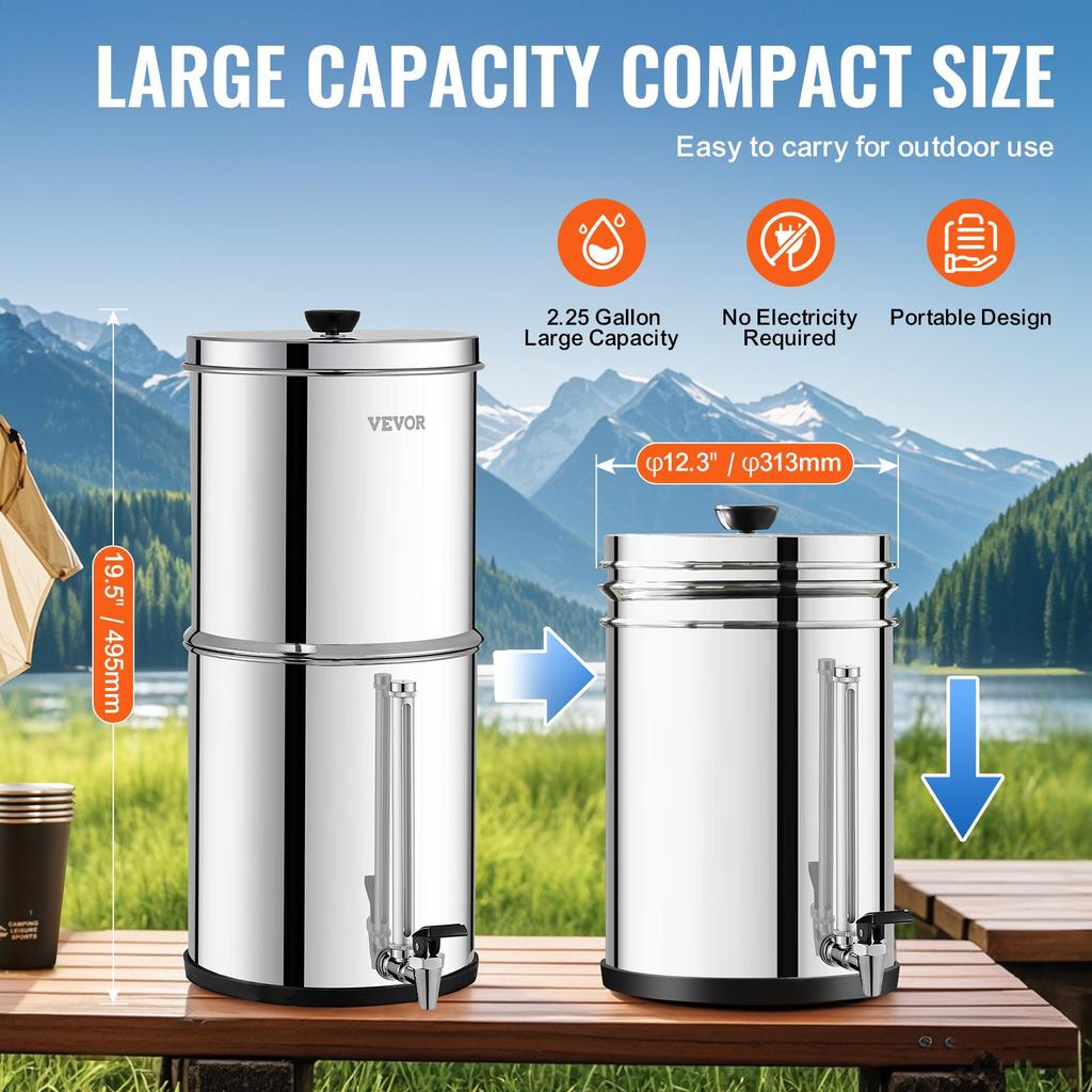 VEVOR Gravity-fed Water Filter System, 2.25G 304 Stainless-Steel Countertop System, Water Filtration System, Reduces Lead and Up To 99% of Chlorine