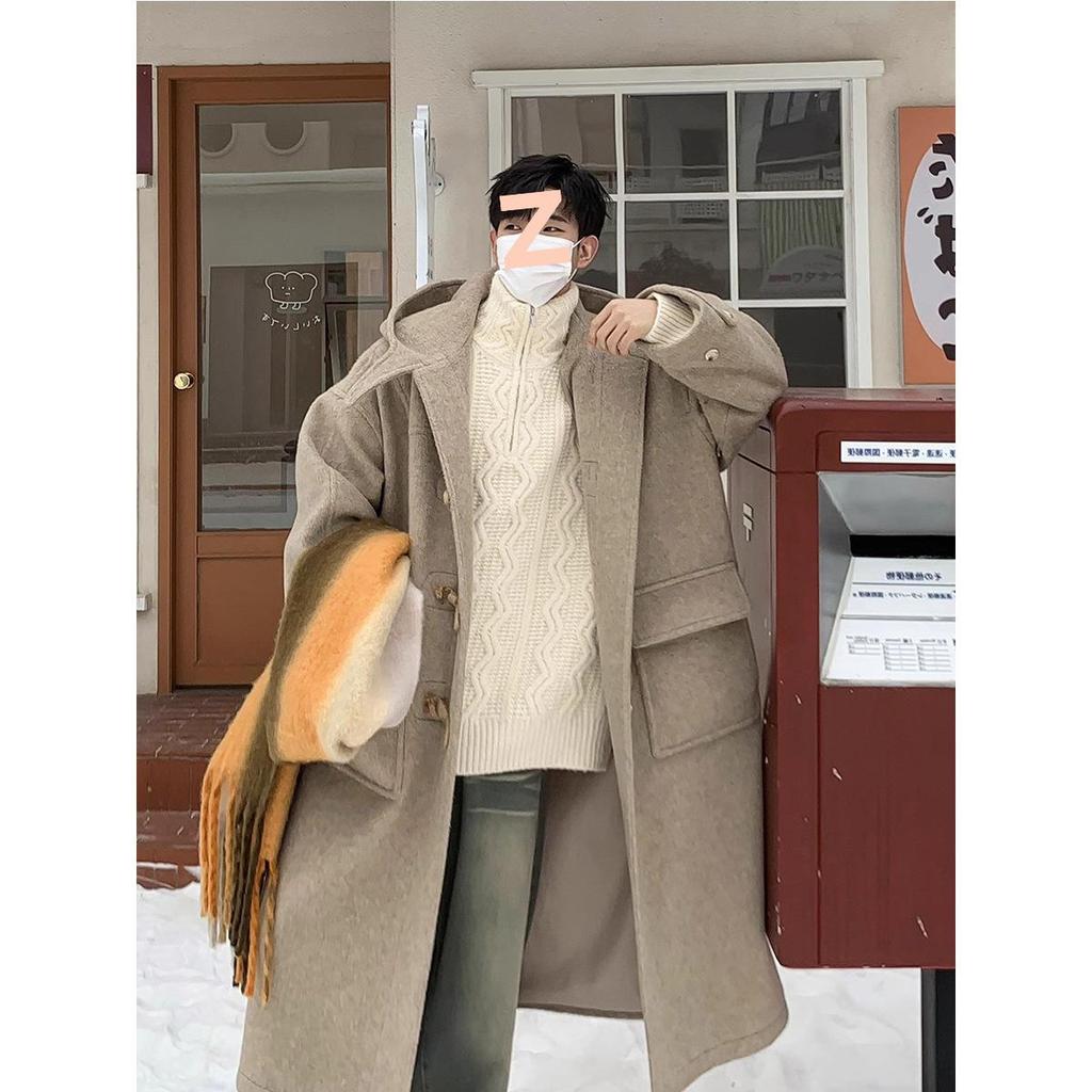 Men's College Style Woolen Coat: Horn Buckle, Hooded, Cotton-Padded, Thickened, Over-the-Knee, Trendy Mid-Length Jacket for Autumn and Winter.
