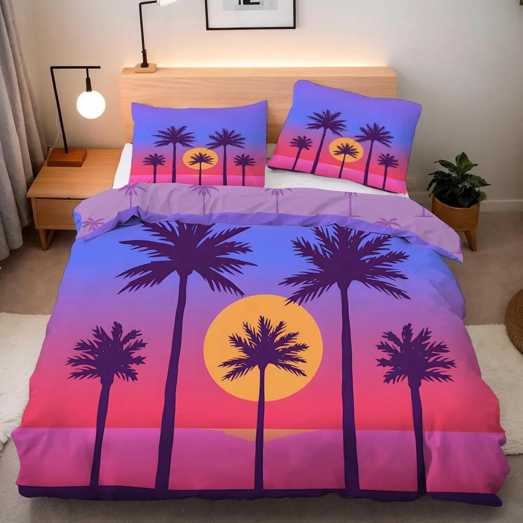 Seaside Coconut Trees Single Duvet Cover Set, Microfiber Bedding Set with Zipper Closure and 1/2 Pillowcases, for Boys and Girls
