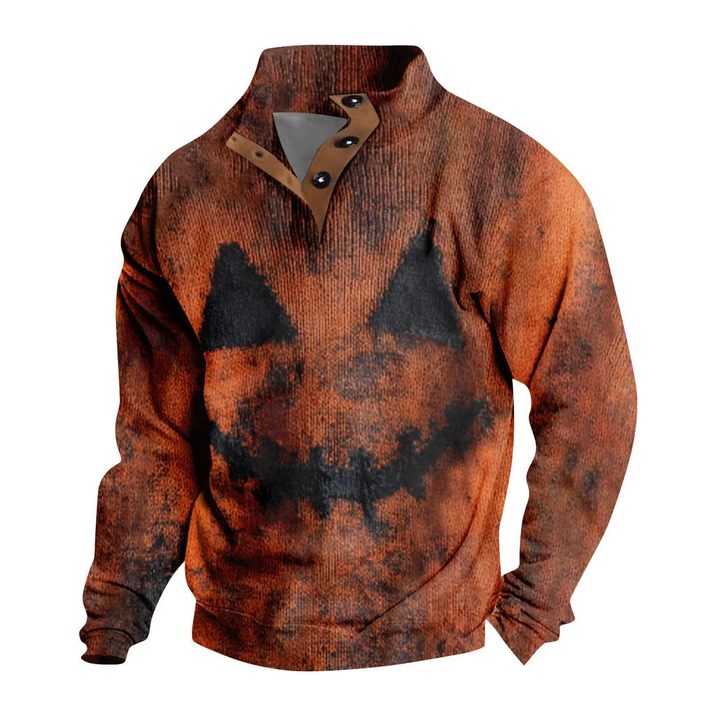 Men's Casual Fashion Christmas Printed Hoodless Sweatshirt Wide Men's Loose Button Stand Collar Hooded Sweatshirt