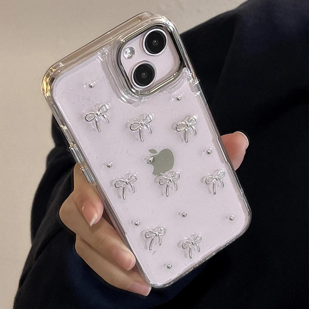 Luxury 3D Silver Bowknot Transparent Phone Case For iPhone 16 15 13 12 11 Pro Max 14 Plus Korean Girl Epoxy Glitter Soft Cover