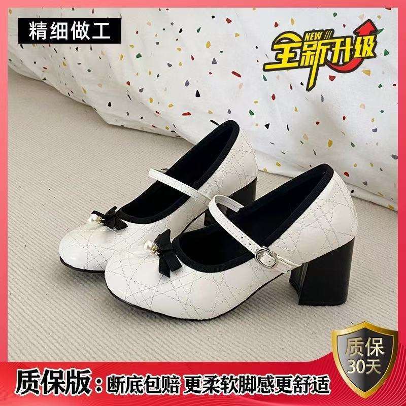 Bow Small Fragrant Style High Heel Mary Jane Shoes Women's 2025 New Spring Pearl Square Head Temperament Thick Heel Single Shoes