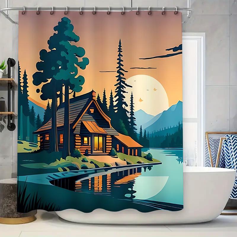 

Lakefront Cabin Shower Curtain Nature Landscape With Pine Trees Moonlight Reflection Bathroom Decor With Complimentary Hook W60H190(CM)-1 Pcs