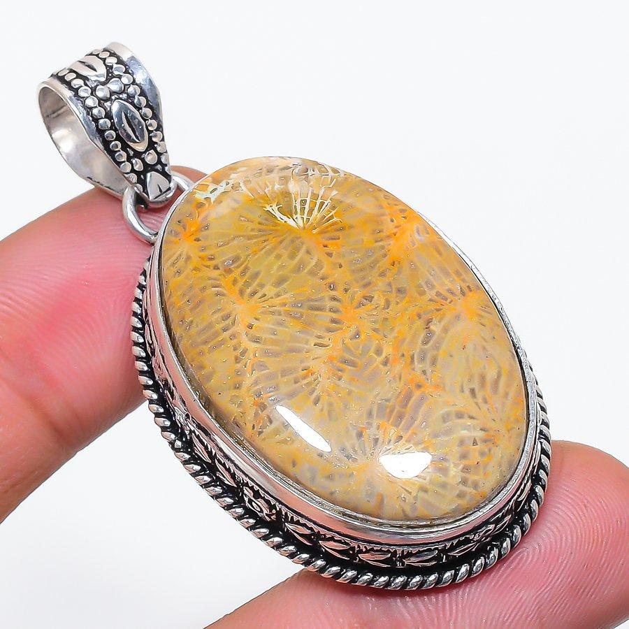 Natural Fossil Coral Gemstone 925 Sterling Silver Jewelry Pendant 2.17" AP-14134