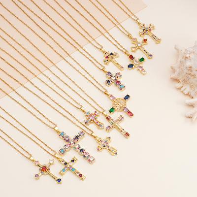 Luxury Colorful Zircon Cross Pendant Necklace Stainless Steel Chain Cool Cross Jewelry Gifts for Women Men