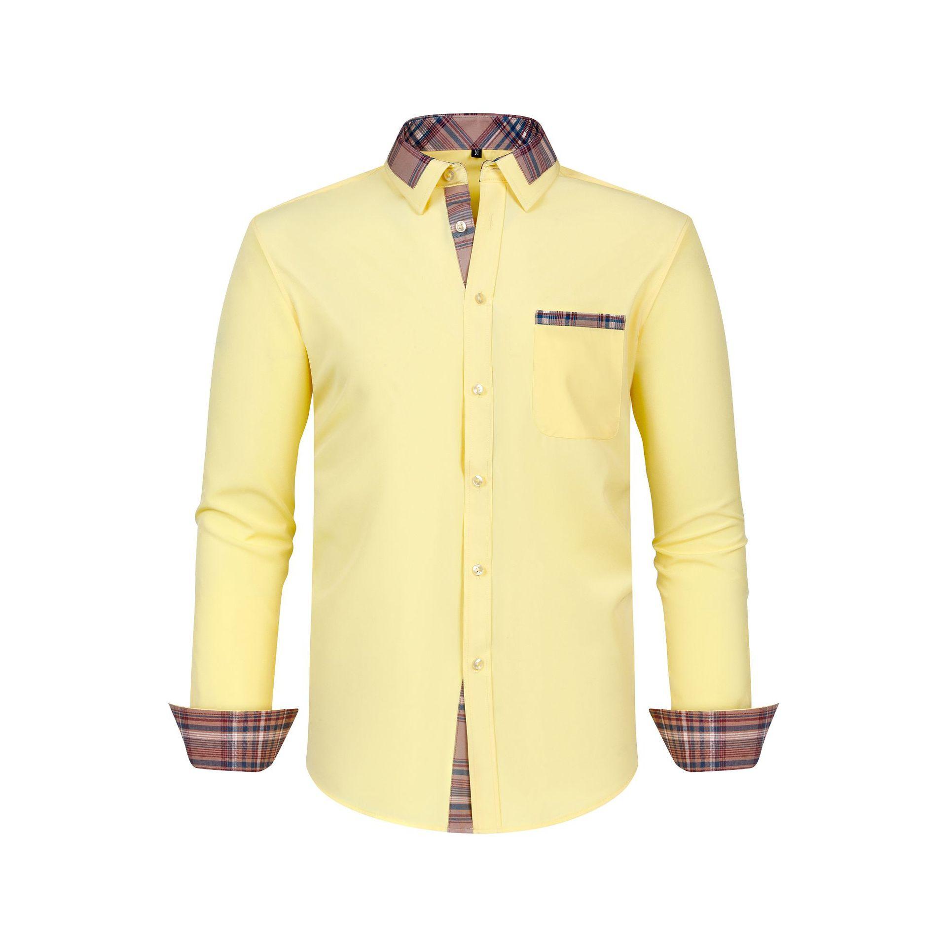 

Мужская футболка с длинным рукавом на весну и осень, облегающая, модная повседневная клетчатая рубашка в стиле пэчворк, мужской топ с отложным воротником XXXL жёлтый