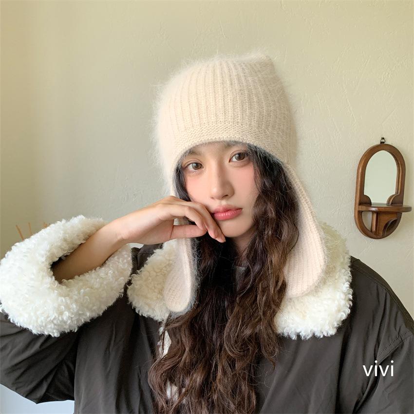 Atmospheric rabbit fur knitted wool hat women's new autumn and winter warm ear protection hat cold-proof bag head hat