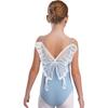 Girls Ballet Gymnastics Performance Leotard Butterfly Back Design Ruched Mesh Collar Spaghetti Straps Dancewear