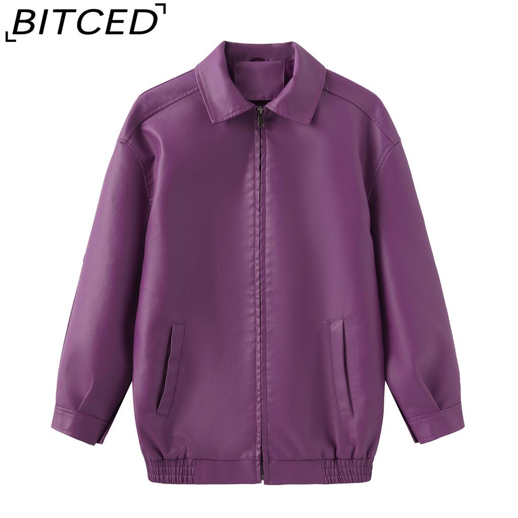 BITCED Fashionable Oversized Leather Jacket for Women Long-Sleeve Collared Spring/Fall Coat