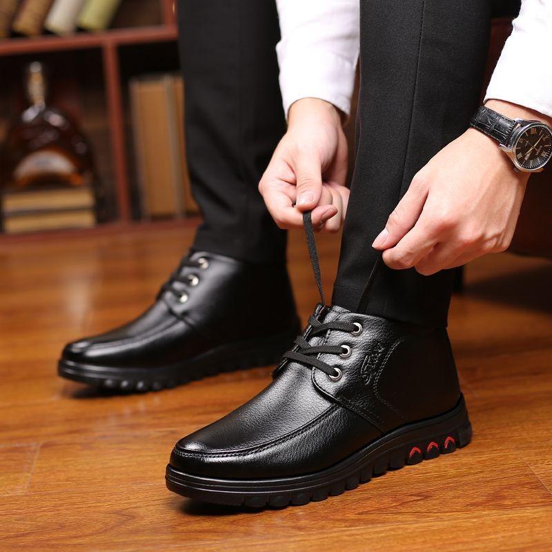 Winter cotton shoes men's genuine leather velvet thickened warm high-top non-slip soft-soled human cotton leather shoes