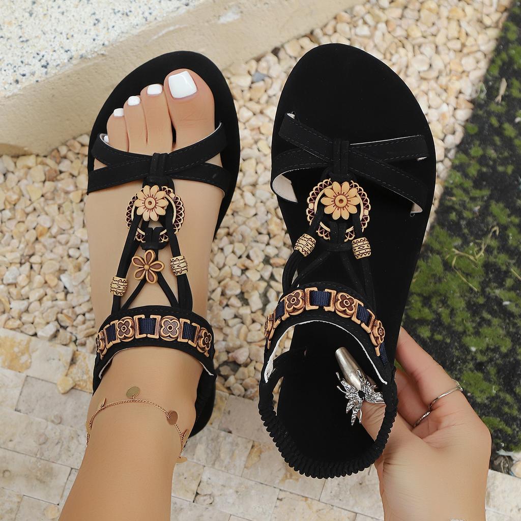 Women Bohemian Style Suede Elastic Band Sandals 2025 Summer New Casual Shoes Comfort Flat Heel Beach Sandals Shoes Women