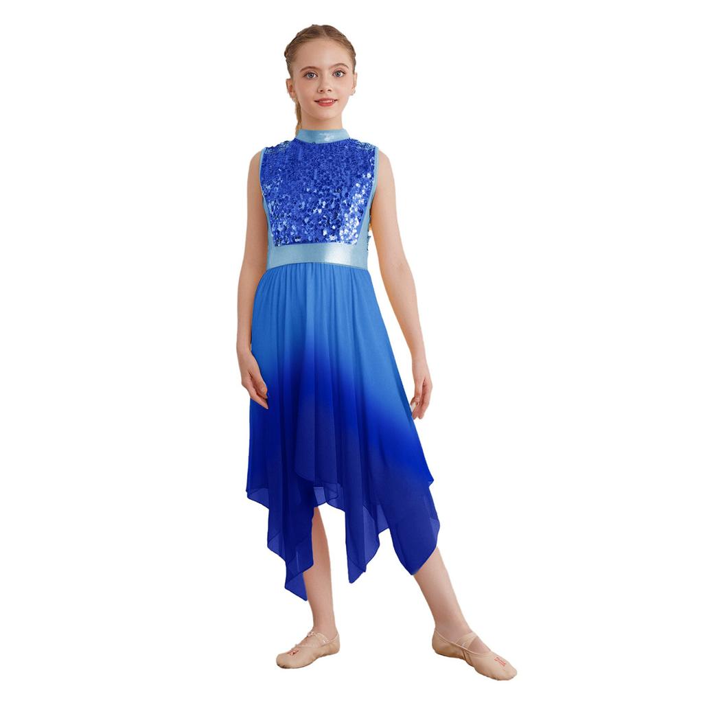 Girls Liturgical Dance Dress - Sleeveless Mock Neck Tunic with Asymmetrical Hem & Shiny Sequins for Worship Performance