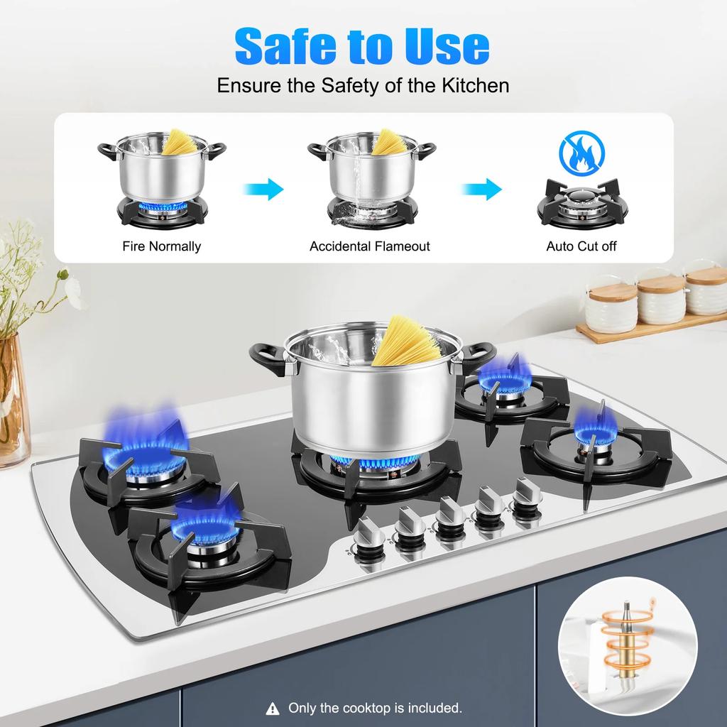 5 Fire Gas Stove Gas Stove with Automatic Thermoelectric Protection, Natural Gas/propane, Black Glass, Used In Family Kitchen
