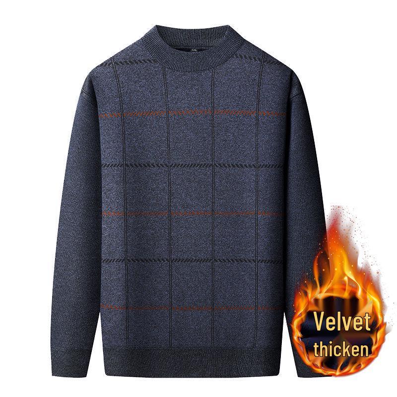 Dad's Warm Plaid Sweater for Middle-Aged & Elderly Men 50s 60s - Plus Velvet, Thick, Round Neck, Autumn & Winter Base Layer.