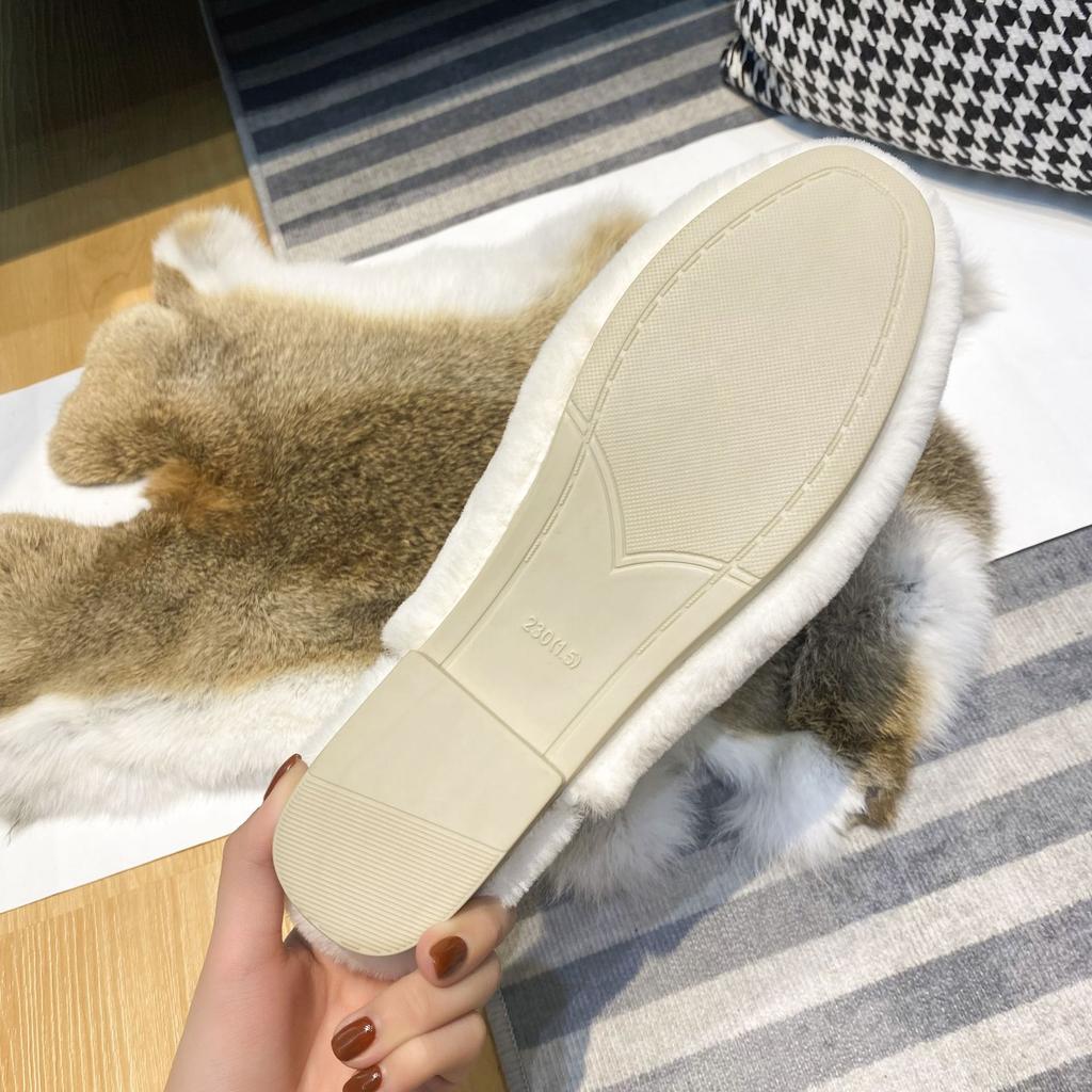 Fashion Smooth Faux Fur Slippers Women Home&Outdoor Shoes Winter White Wool Slides Fluffy Rabbit/Mink Hair Mules Bedroom Pantuflas Mujer