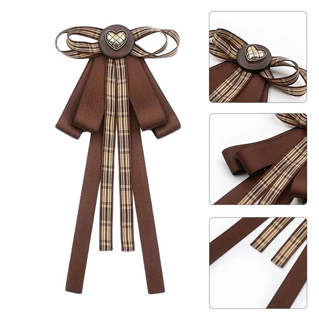 Vintage Brown Plaids Ribbon Bows Tie Brooch Pin for Women Girl Japanese Preppy Uniform Pre Tied Bowknot Corsage Necktie