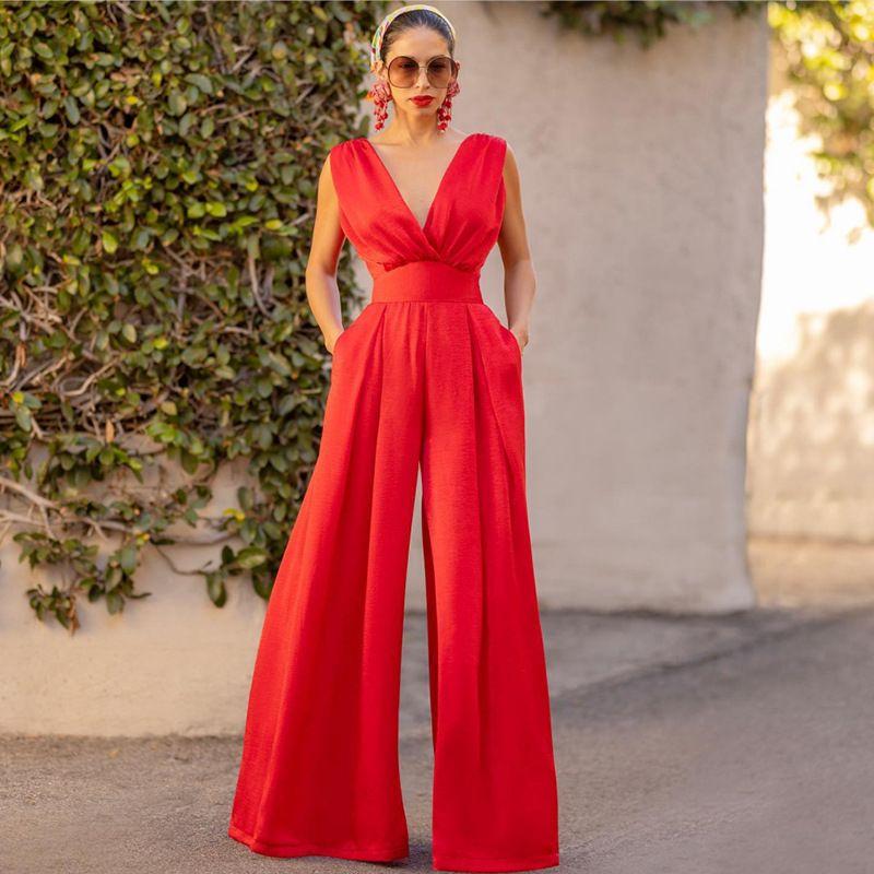 

European and American Foreign Trade Famous Catwalk Red Carpet New Pocket Jumpsuit High Waist Slim Fit One-Piece Straight Wide Leg Pants Women Red S