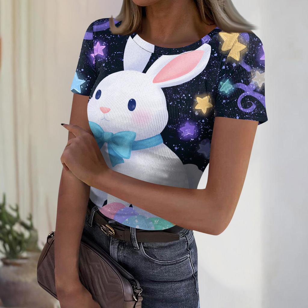 Dames Casual Mode Ronde Hals Paasprint Korte Mouw Geribbelde Top