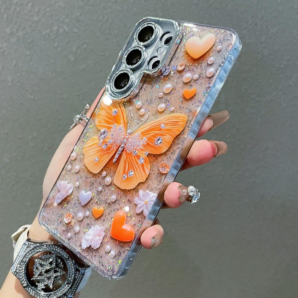 Sparkling Diamond Butterfly Pearl Pattern Case For Samsung S26 Ultra S25 S24 Plus S23 Ultra Soft Bling Glitter Silicone Cover