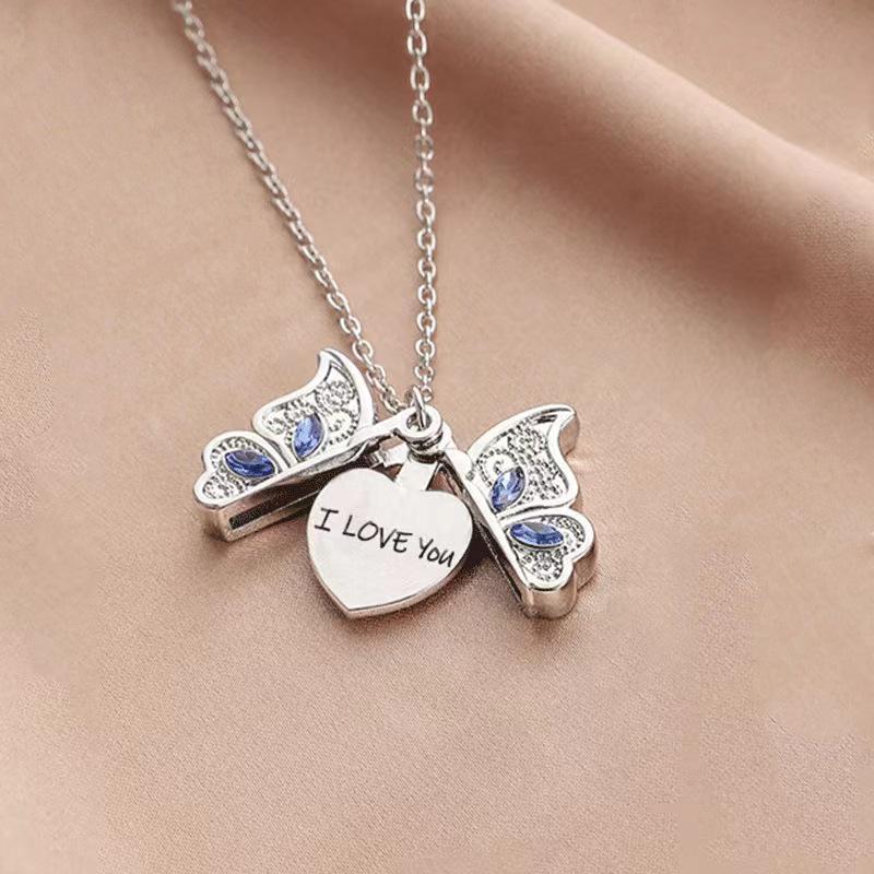 

European & American Rhinestone Butterfly Heart Photo Frame Pendant Necklace