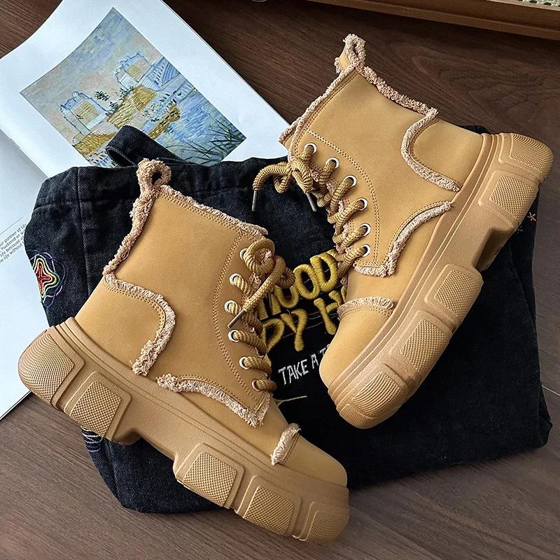 Fashion Men Boot Motorcycle Boots High Top Leather Botas Khaki Lace-Up Casual Height Increase Work Board Shoes Platform Non-slip Sneaker