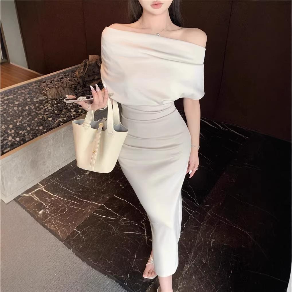 2026 New Spring Korean Wear Slanted Shoulder Swing Collar Dress, Children's Spring and Summer Temperament Slim-fitting Hip-wrapped Dress