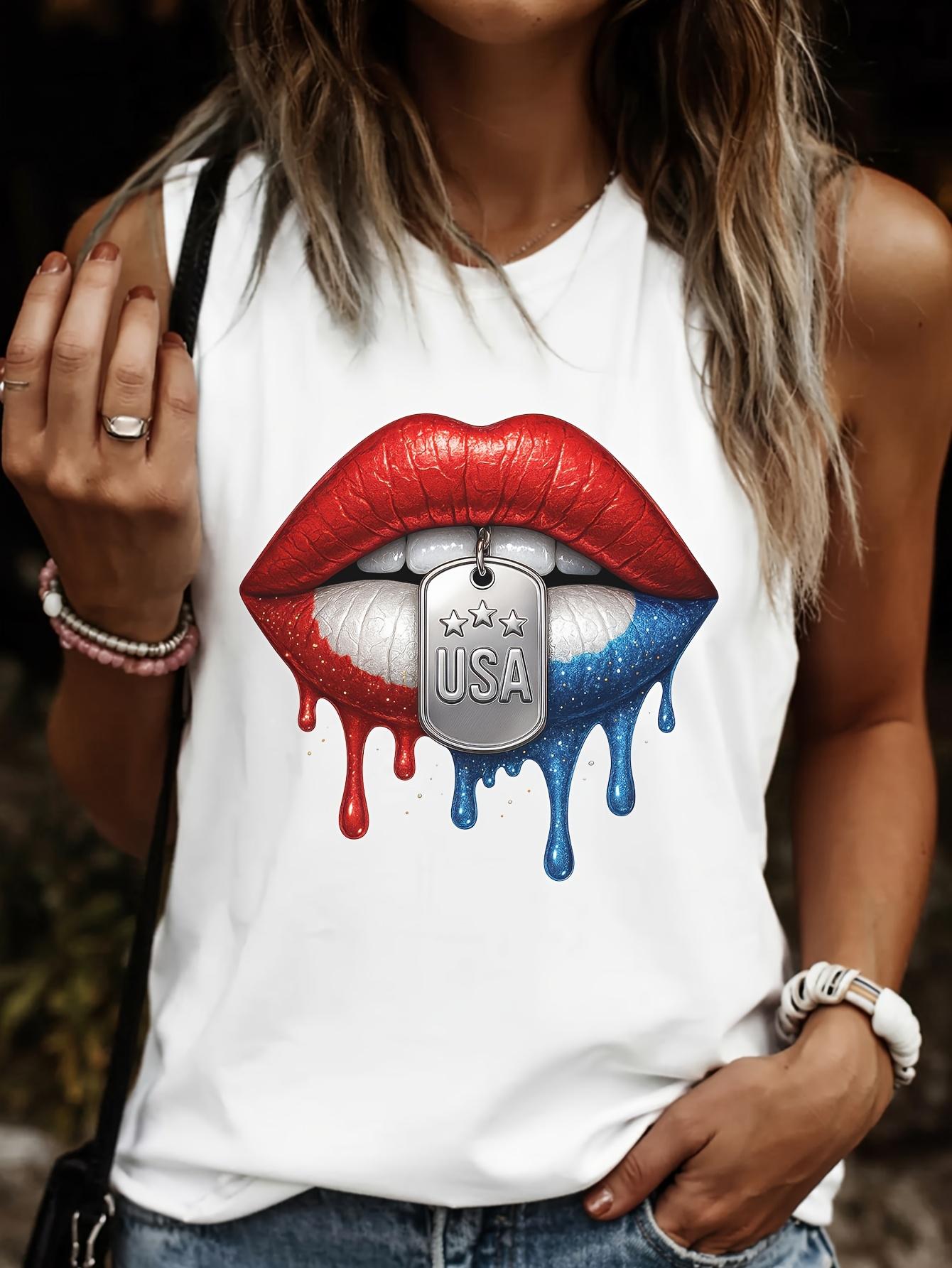 USA Lips Drip Patriotic Red White Blue T-shirt S