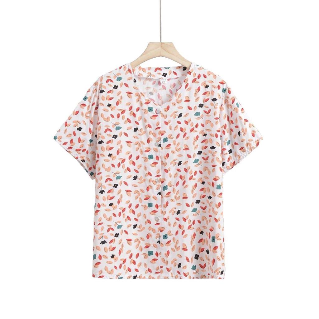 2025 Summer Floral Print V-Neck Button Short Sleeve Loose T-Shirt