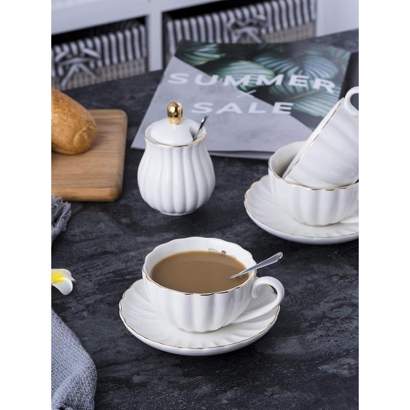 Porcelánová čajová súprava - 8 oz biela kávová šálka/šálka na čaj, podšálka, lyžičky, čajník a kanvička na mlieko, 17 kusov (FD-TW17PC SADA, Biela)