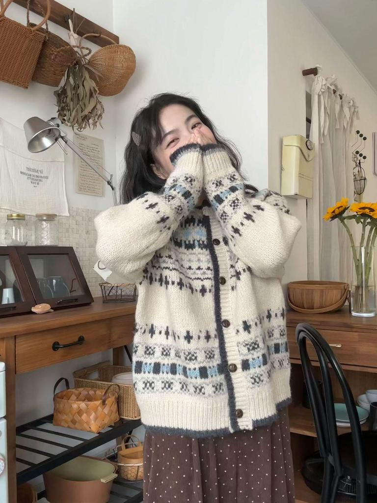 Dámský retro svetr kabát Fair Isle - Podzim/Zima Měkký žakárový úplet Volný kardigan