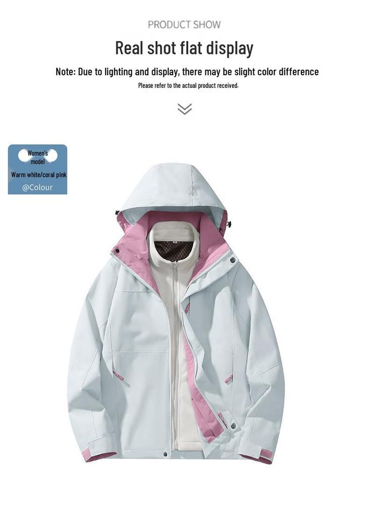 Unisex Windproof Waterproof Hooded Mountaineering Jacket with Detachable Liner - Two-Piece Set for Autumn and Winter.