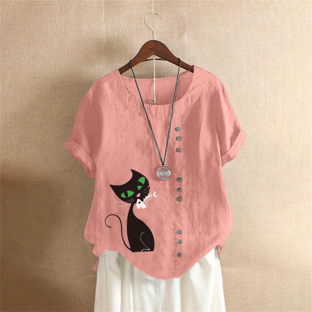 Summer Oversized Cotton and Linen Short-sleeved T-shirt, Cotton and Linen Cat Printed Oversized Women's Clothing