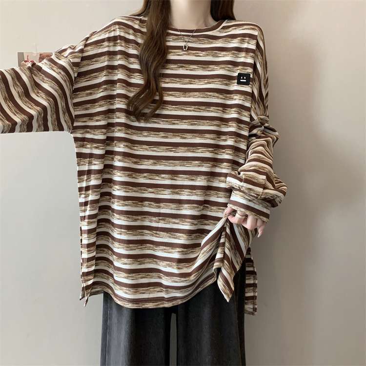 

Женские футболки больших размеров с длинным рукавом на весну и осень, винтажные полосатые свободные повседневные топы оверсайз с круглым вырезом XXXXL коричневый