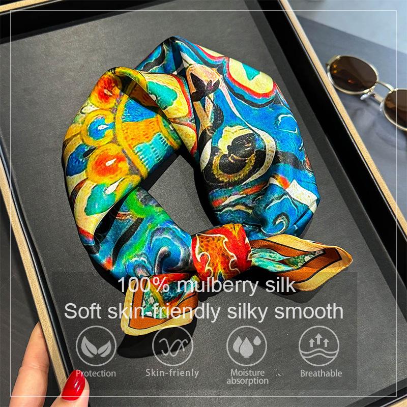 Luxury 100% Mulberry Silk Scarf Women Oil Painting Print Bandana Shawl Lady Neckerchief Handkerchief Female Decorative Wrap 53cm