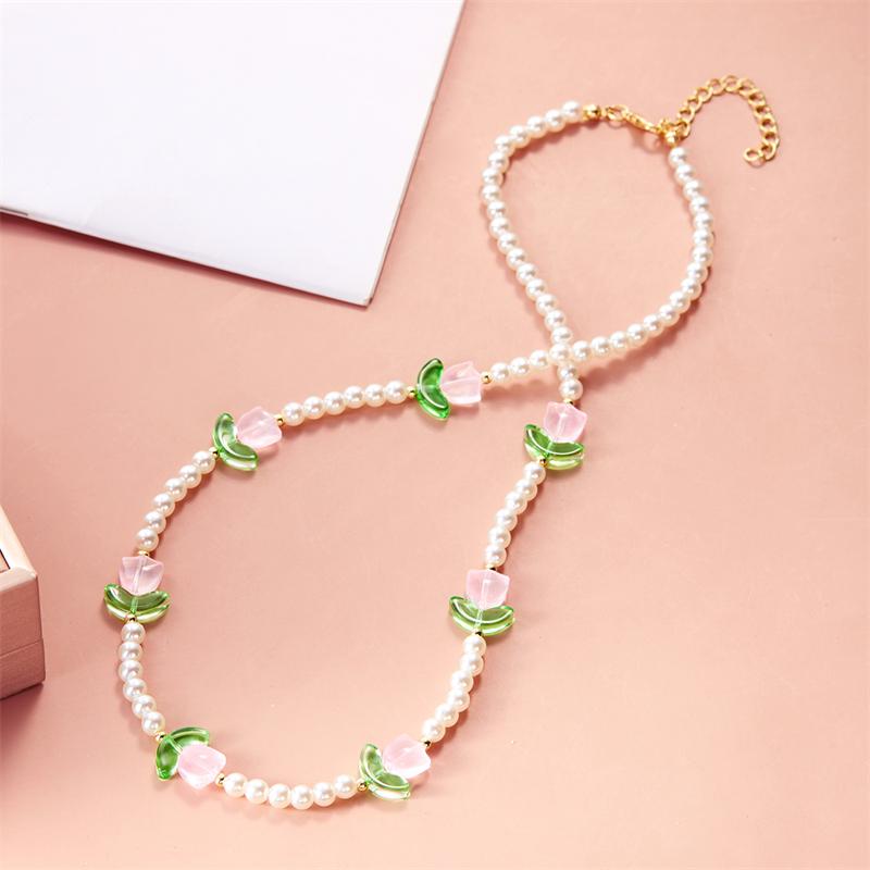 New Fashion Sweet Tulip Flower Necklace Bracelet Set For Women Elegant Pearl Clavicle Chain Necklace Girls Party Jewelry Gift