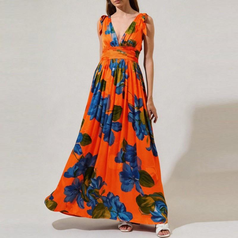 Boho Floral Print Deep V-Neck Wrap Maxi Dress Women 2026 High Waist Sleeveless Flowy Beach Vacation