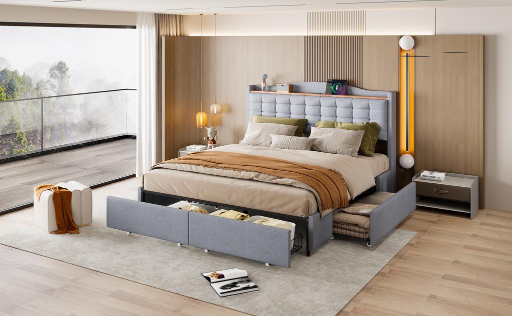 Cama Estofada 160*200 cm, Mesa de Cabeceira com Porta de Carregamento USB e Prateleira, Cama de Casal Plana com 4 Gavetas, Tecido de Linho Cinza