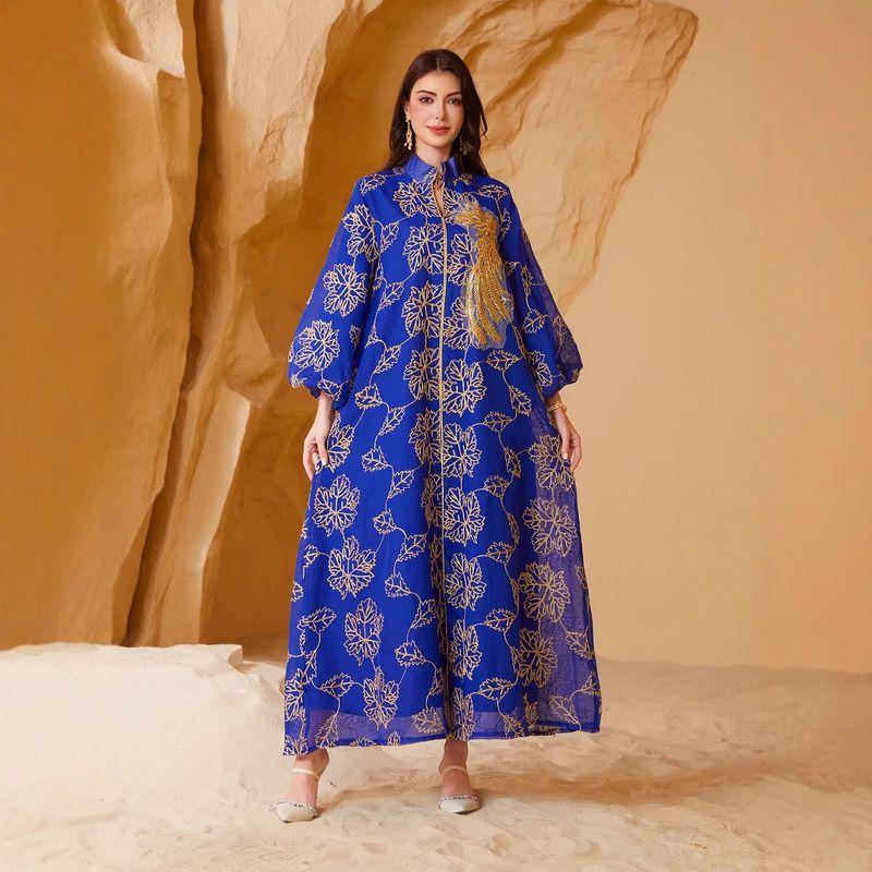 Indonesia Middle East Blue Applique Embroidered Closed Puff Sleeves Belt Dubai Robe Dress Long Dress