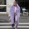 Damen Langer Lavendel Kunstpelzmantel Revers Kragen Lockerer Schnitt Dick Warm Winter Flauschige Oberbekleidung Jacke