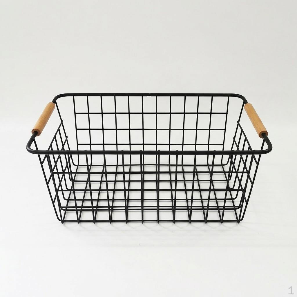 Storage Basket with Wood Handle, Metal Wire Mesh Organizer, Modern Minimalist Decor, Cabinet