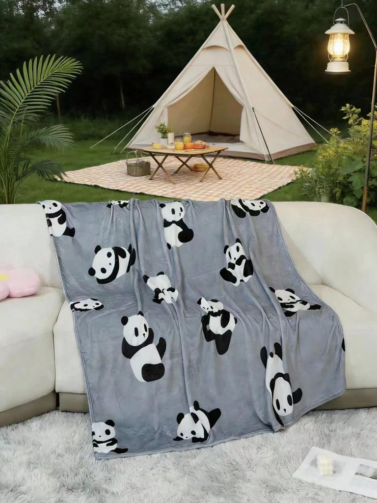 1pc Cute Panda Flannel Blanket Single Sided 2D Print Playful Soft Flannel Blanket Bedroom Living Room Couch Throw Cozy Vibe Gift