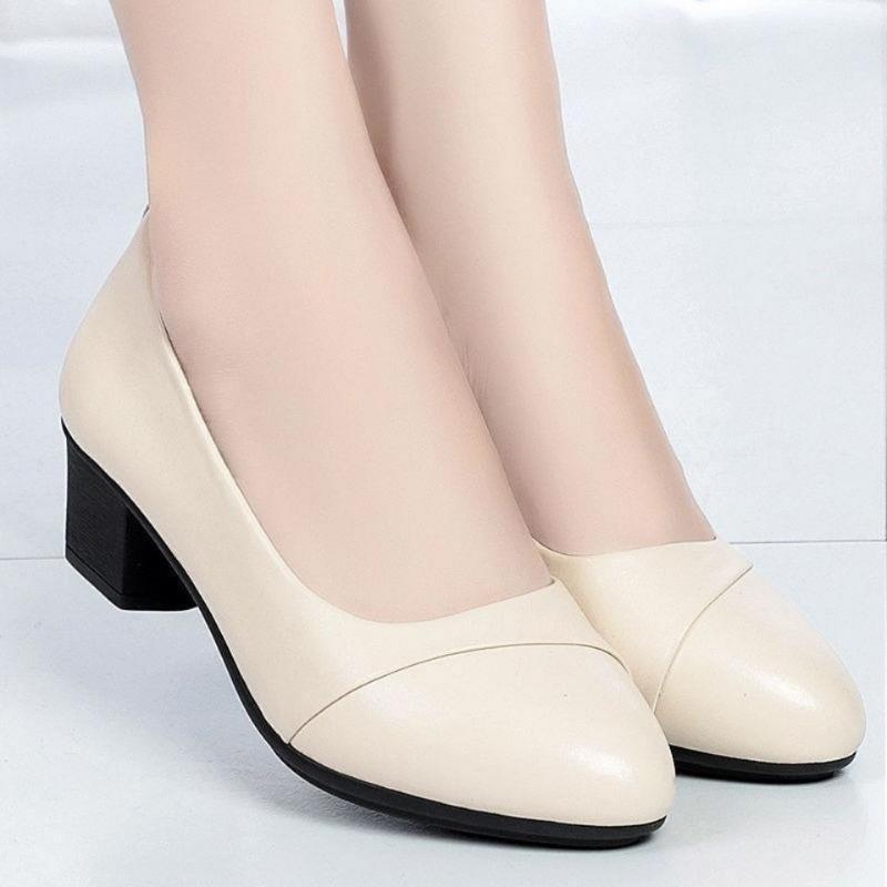 Soft Leather Single Shoes Women's Low-heeled Spring and Summer Soft-soled Comfortable Non-slip Fashion Leather Shoes Women's Shoes Mid-heel Work Shoes