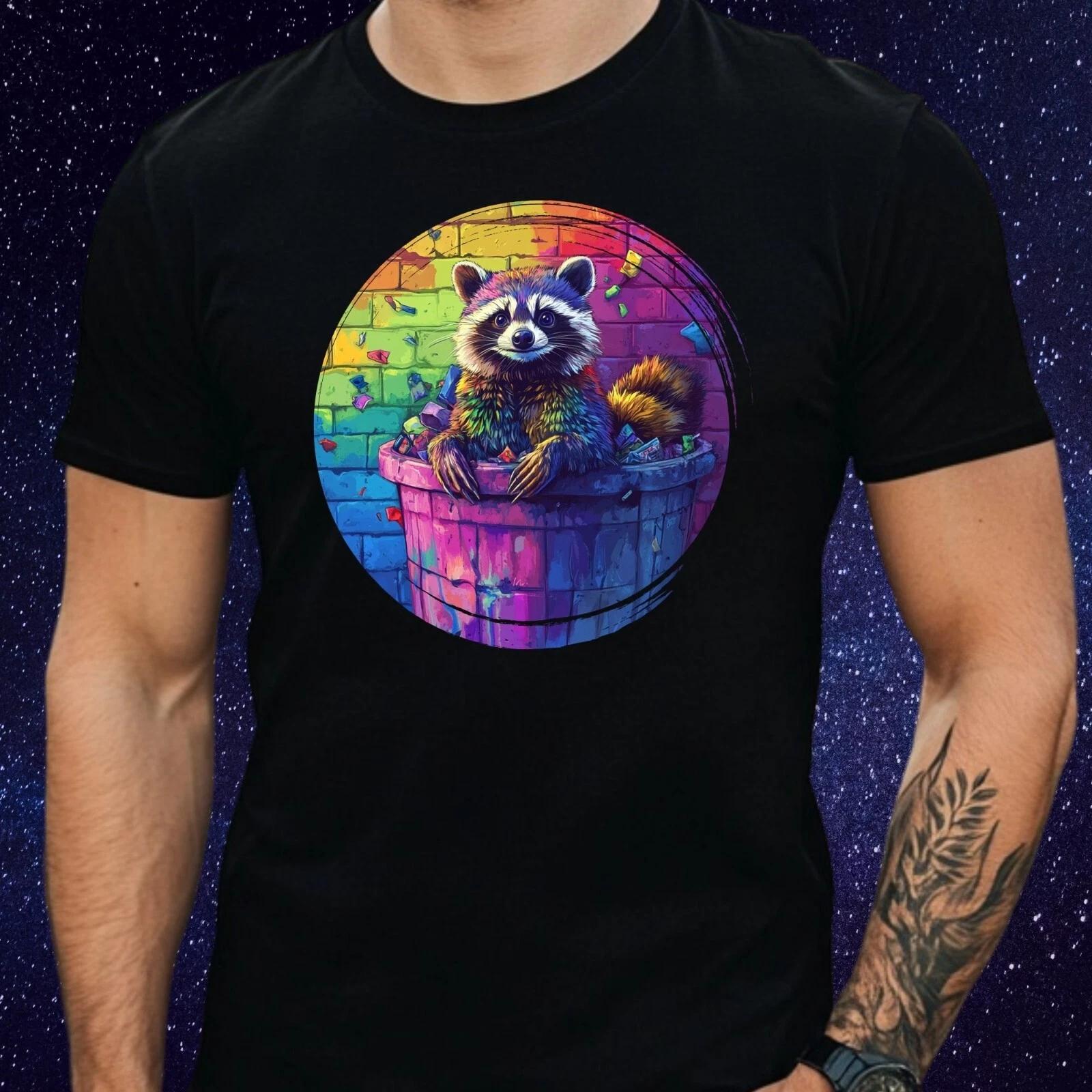 T-Shirt Herren Regenbogen Waschbär Motiv Baumwolle Größe S bis 5XL M