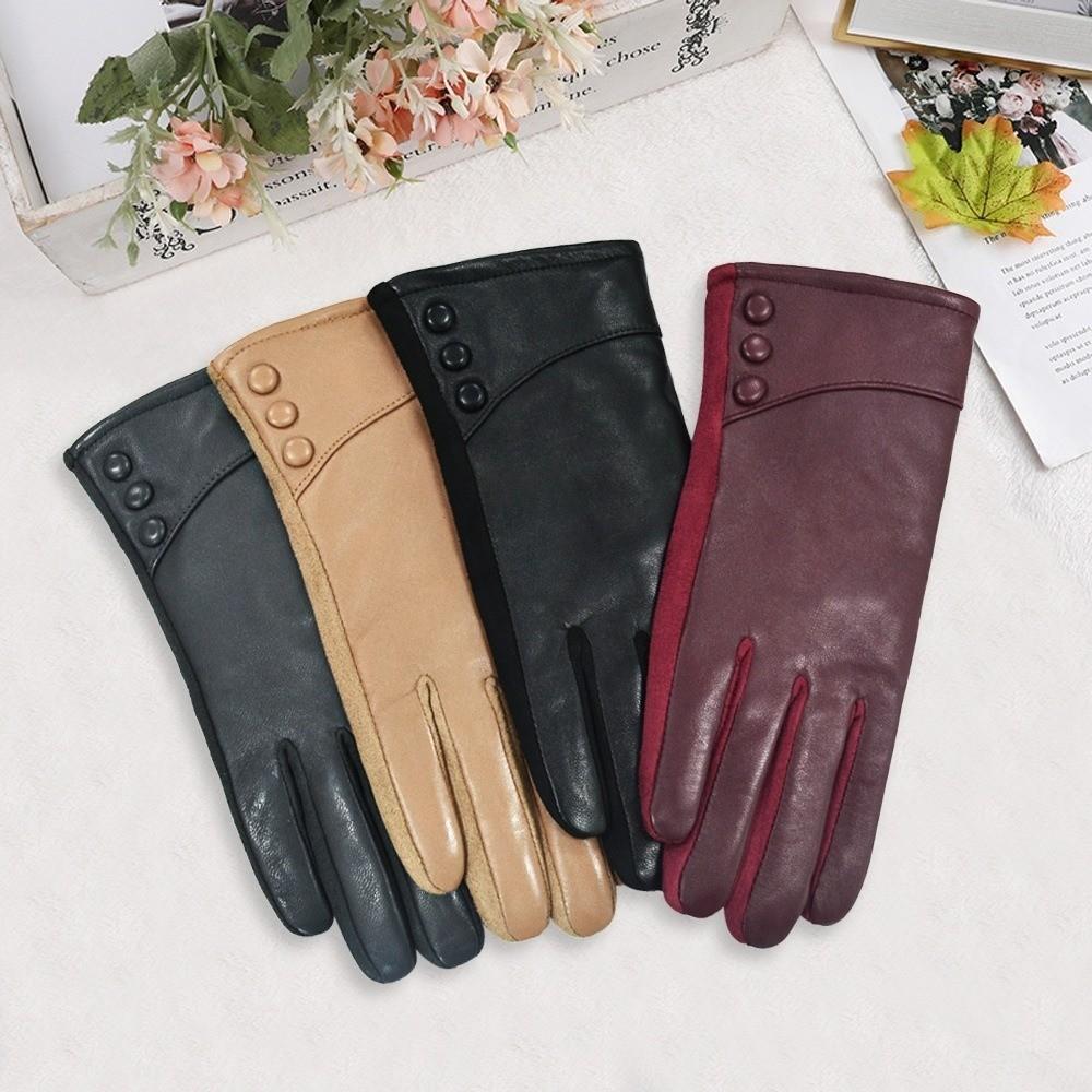 PU Full Finger Mittens Button  Gloves Vintage Women Leather Gloves  Outdooor